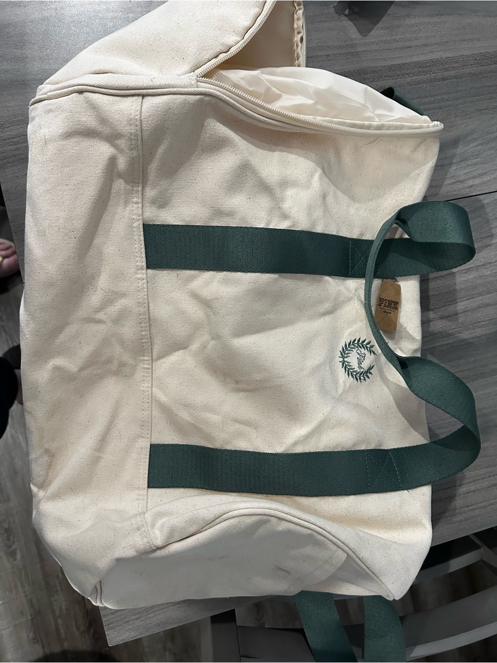 PINK Victoria's Secret Cream Canvas Duffel with Dark Green Straps